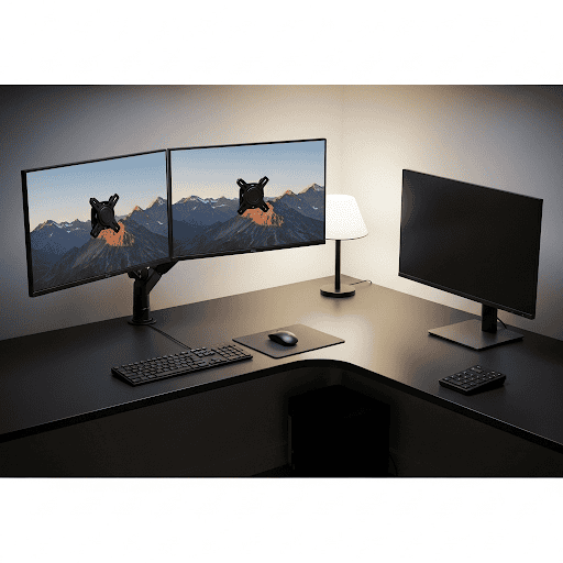 analytical work l shaped desk dual monitor setup