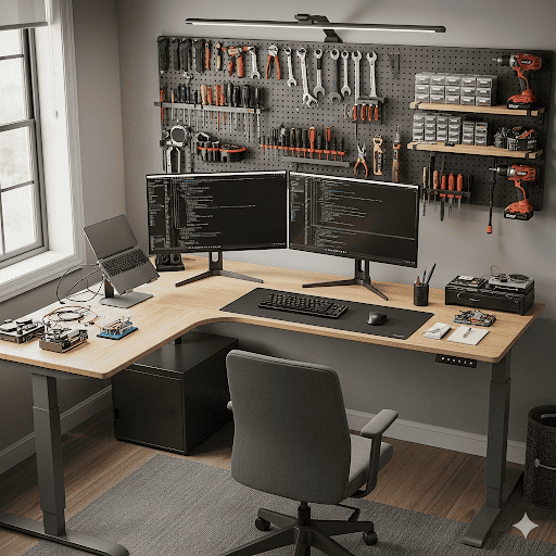 developer or diy l shaped desk dual monitor setup