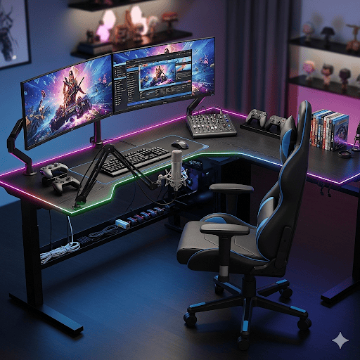 gaming streaming l shaped desk dual monitor setup