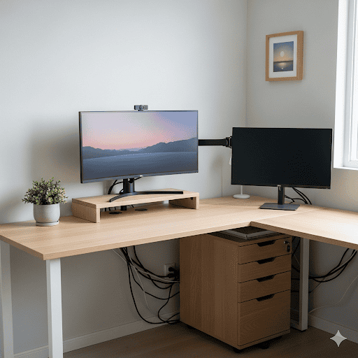 minimalist home office setup l shaped desk dual monitor setup
