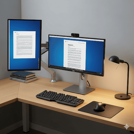 reading and research work l shaped desk dual monitor setup
