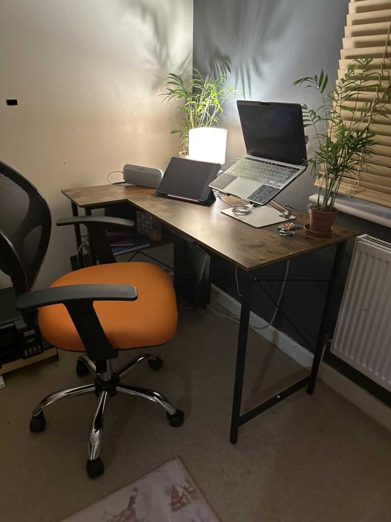 view of our own purchase testing cubicubi corner home office desk our unboxing package arrival several weeks to months