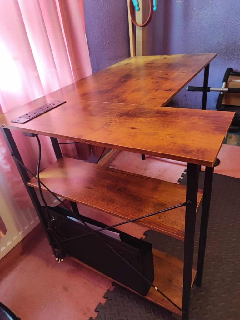 view of our own purchase testing mericonia home office corner desk with storage our unboxing package arrival several weeks to months 