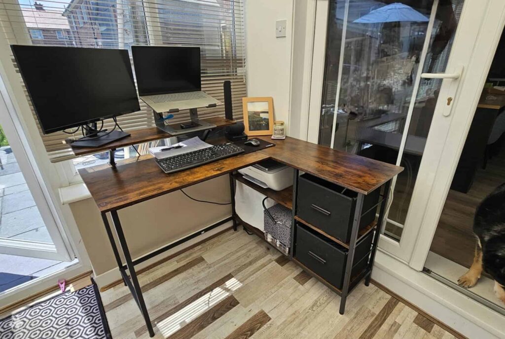 view of our own purchase testing vasagle compact corner desk with storage our unboxing package arrival several weeks to months 