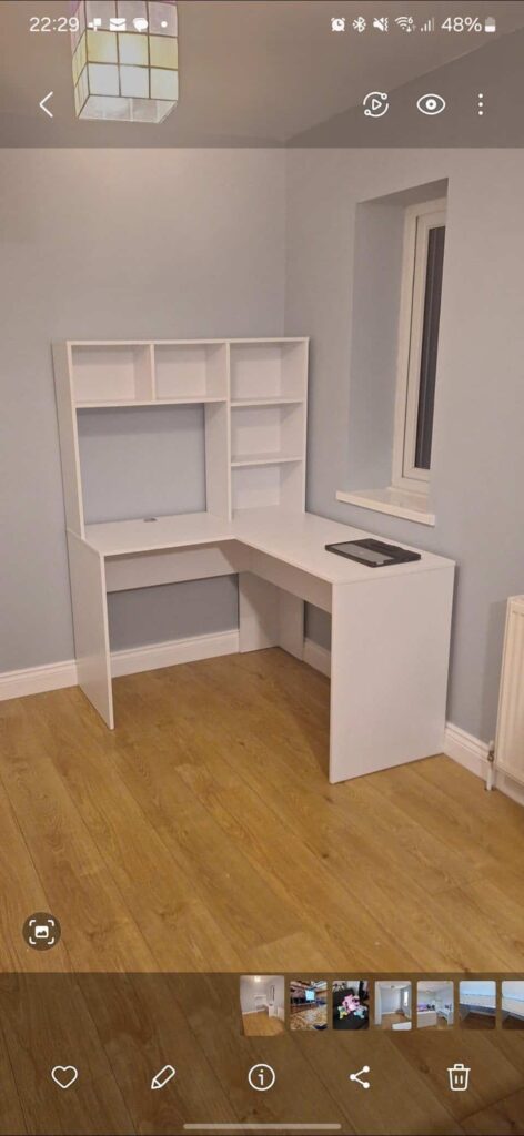 view of our own purchase testing firfurd modern l shaped desk with drawers our unboxing package arrival several weeks to months 