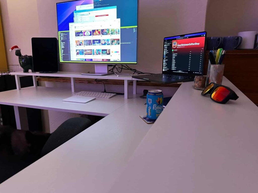 view of our own purchase testing officego standing corner desk with drawers our unboxing package arrival several weeks to months 